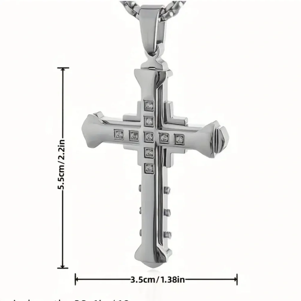 Large Titanium Steel Cross Pendant Diamond Necklace